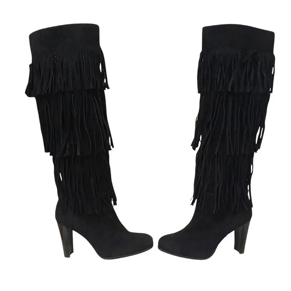 Stuart Weitzman Fringie Black Suede Fringe Boots 7.5 M Over The Knee Western NEW